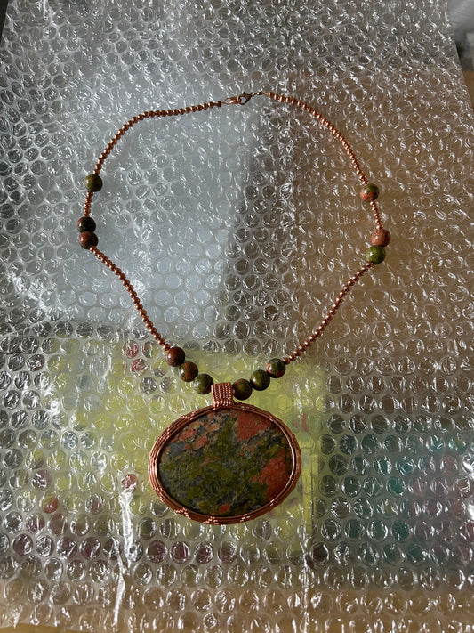 Unakite Copper Wrapped Pendant with Beaded Chain